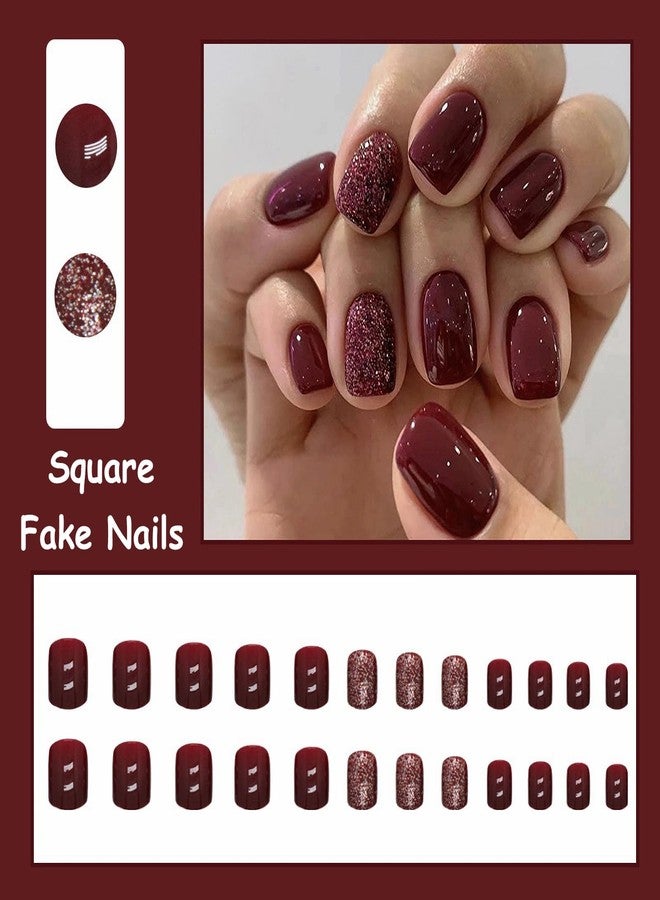 MISUD Press on Nails - Short Square Fake Nails with Burgundy, Acrylic Bling Glitter Design 24 pcs - Image 5